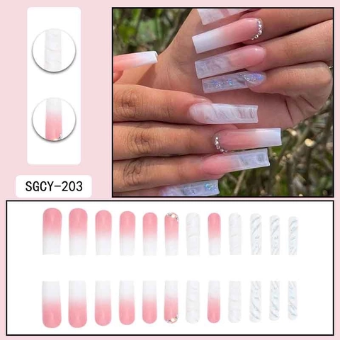Uñas Postizas Largas Forma Ataúd Rosa Blanco Ombré Mármol Diamantes Imitación Purpurina Estilo Francés Mujeres