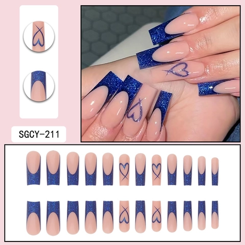 Uñas Postizas Largas Coffin Para Presionar Purpurina Azul Oscuro Estilo Corazón Rayas Francesas Para Mujeres