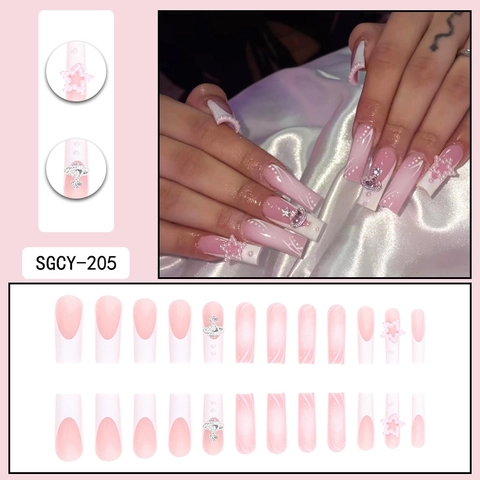 Uñas Postizas A Presión Degradado Rosa Francés Forma Ataúd Larga Amuleto Planeta 3D Perla Artificial Estrella Diamante Imitación