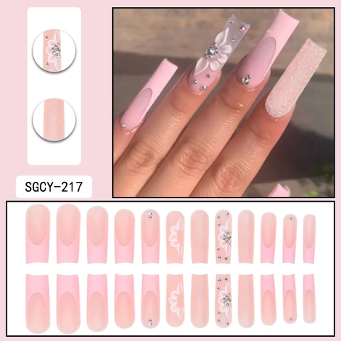 Lange Sargform Künstliche Nägel Rosa French Style Mit 3D Blumen Und Strasssteinen Glitzer Für Frauen