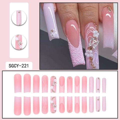 Long Square Press On Nails Pink Ombre Gradient With 3D Flowers Silver Butterfly Rhinestones Glitter Sweet French Style