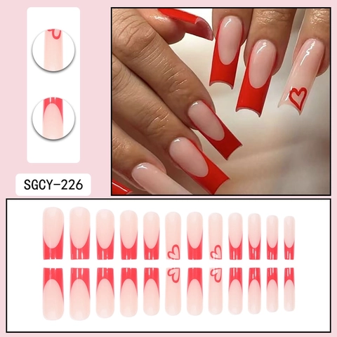 Uñas Postizas Press On French Tip Rojas Cuadradas Largas Patrón De Corazón Plástico Brillante San Valentín Para Mujeres