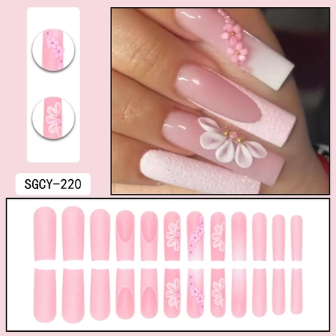 Press On Nails Lange Coffin Roze Witte Gradiënt 3D Bloem Kunstparels Glitter Zoete Franse Stijl Elegant