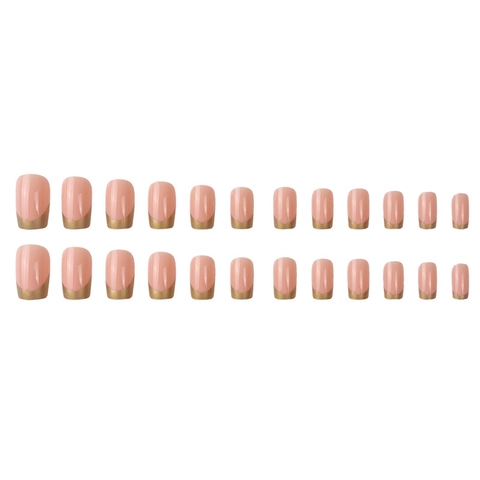 Uñas Postizas Press On Nails French Tip Medio Largo Cuadrado Borde Dorado Brillante Uñas Artificiales Para Mujeres