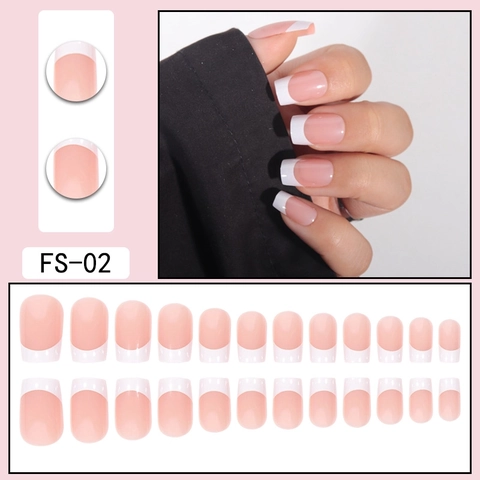 Unghie Finte A Pressione Stile Francese Rosa Nudo E Bianco Lucido Testa Quadrata Unghie Artificiali Manicure DIY