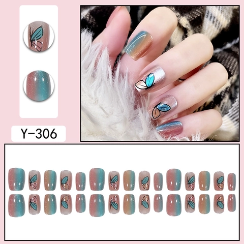 Press On Nails Gradient Blue Pink Butterfly Pattern Shimmer Glitter Cat Eye Short Square Fake Nails
