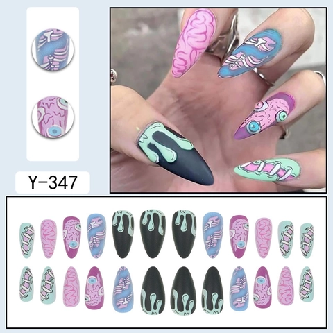Uñas Postizas Stiletto Halloween Horror Graffiti Ojo Cerebro Costillas Patrón Gótico Dark Punk Para Mujeres Niñas
