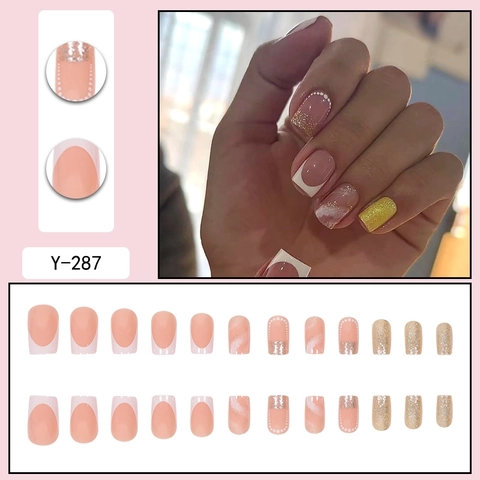 Press On Nails French White Tip Pink Marble Glitter Elegant Long Square False Nails Wearable Manicure Fashion Accessory
