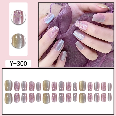 Κοντά Τετράγωνα Στρογγυλά Τεχνητά Νύχια Aurora Cat Eye Glitter Gradient Floral Pattern Sweet Style Επαναχρησιμοποιήσιμα Ψεύτικα Νύχια