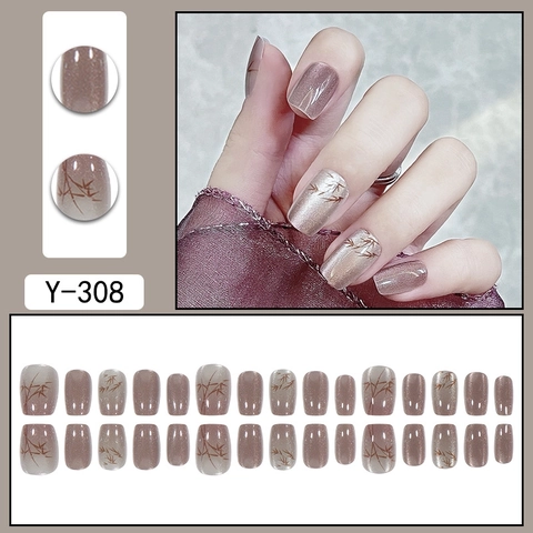 Cat Eye Press On Nails Shiny Dusty Purple Hand Painted Bamboo Chinese Style Short Round Square Artificial Fingernails Women