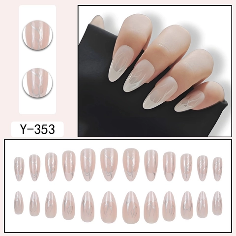 Uñas Postizas Largas Forma Almendra Francesa Minimalista Patrones Llama Plateada Cobertura Completa Para Mujeres