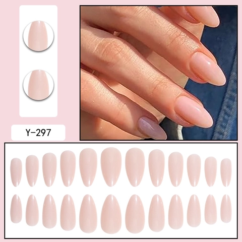 Glossy Almond Press On Nails Nude Pink Solid Color Removable Artificial False Nails Sweet Style