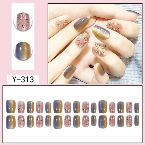 Feuerwerk Muster Press On Nails Katzenauge Gradient Glitzer Kurz Rund Quadratisch Künstliche Fingernägel Für Frauen DIY Maniküre