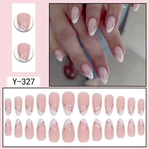 Uñas Postizas De Almendra French Blanco Líneas Doradas Nude Minimalista Uñas Artificiales Largas Para Mujeres