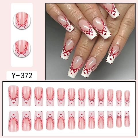 Uñas Postizas A Presión French Tip Cuadradas Largas Lazo Rojo Patrón Corazón Estilo Ballet Dulce Para Mujeres