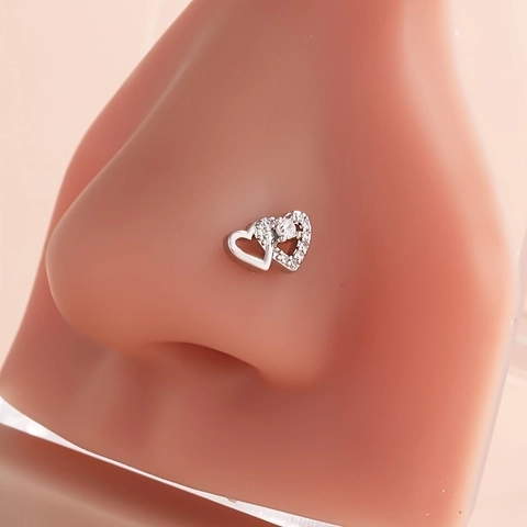 Piercing de Nariz en Forma de Doble Corazón con Barra en L de Cobre con Circonia Incrustada Oro Plata Joyería para Mujer Accesorios Moda