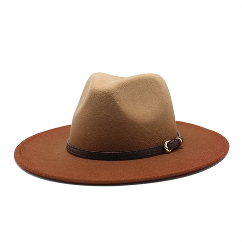 Fedora Hut Wollfilz Breite Krempe Zweifarbig Farbverlauf Vintage Britischer Jazz Stil Für Damen Herren Mode Lederband Schnalle
