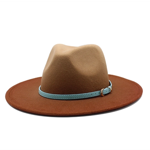 Vintage Woolen Felt Fedora Hat Wide Brim Gradient Color British Style Jazz Cap For Men And Women With Leather Belt
