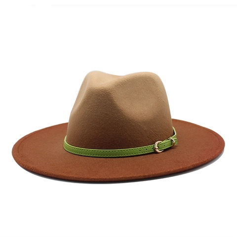 Wide Brim Fedora Hat Wool Felt Gradient Color Vintage Jazz Hat With Belt Buckle For Men Women Fashion