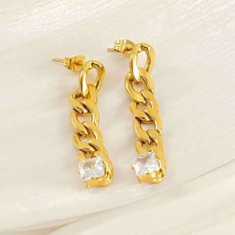 Stainless Steel 18K Gold Plated Chain Drop Earrings With Square Transparent Zircon Fashion Trendy Dangle For Women