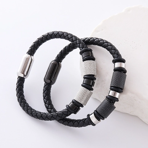 Pulsera De Cuero Trenzado Para Hombre Con Cierre Magnético De Acero Inoxidable 304 Y Cuentas De Metal Moleteadas