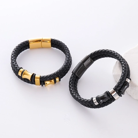 Pulsera De Cuero Trenzado Para Hombre Multicapa Acero Inoxidable 304 Cierre Magnético Joyería Hip Hop De Moda
