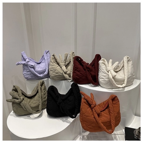 Women Quilted Heart Pattern Nylon Cloud Hobo Bag With Knotted Strap Soft Casual Pleated Shoulder Crossbody Bag