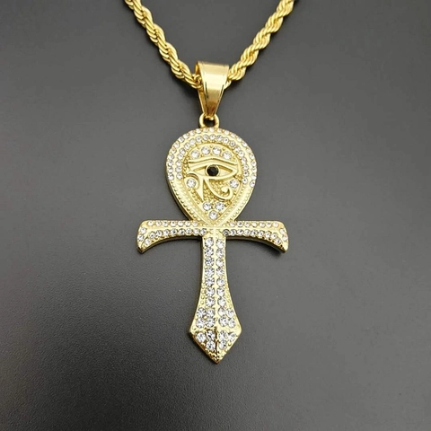 Ankh Kruis Hanger Ketting Oog Van Horus Iced Out Rhinestone Roestvrij Staal Hip Hop Sieraden Voor Heren Dames