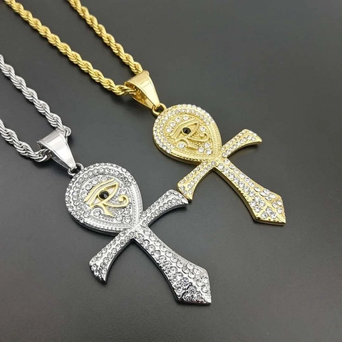 Ankh Kruis Hanger Ketting Oog Van Horus Iced Out Rhinestone Roestvrij Staal Hip Hop Sieraden Voor Heren Dames