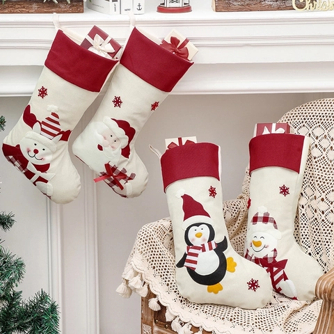 Weihnachtsstrümpfe Leinen Geschenkbeutel Mit Weihnachtsmann Schneemann Pinguin Rentier Applikation Für Kamin Dekoration