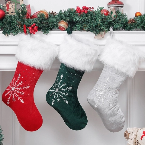 Calcetines De Navidad Terciopelo Y Piel Sintética Con Bordado De Copo De Nieve Bolsa De Regalo Decoración Festiva