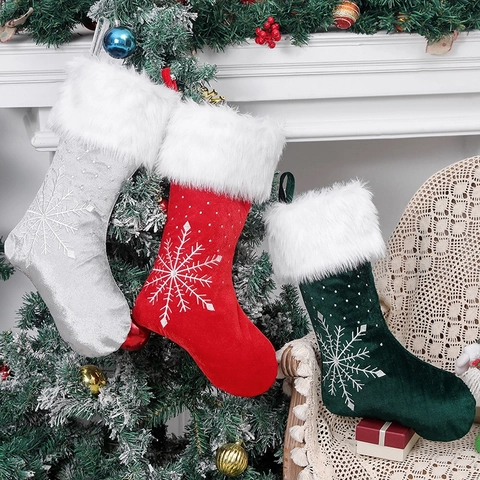 Calcetines De Navidad Terciopelo Y Piel Sintética Con Bordado De Copo De Nieve Bolsa De Regalo Decoración Festiva