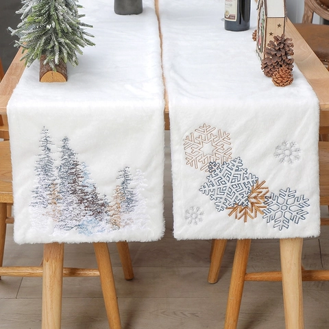 Christmas Table Runner White Faux Rabbit Fur Snowflake Tree Embroidery Plush Winter Holiday Home Kitchen Dining Decor