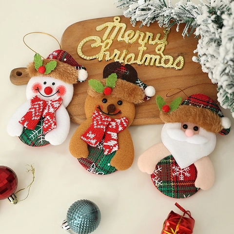 Christmas Tree Hanging Ornaments Plaid Cloth Santa Snowman Elk Bear Holiday Party Decorations Plush Fabric