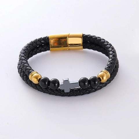 Pulsera De Cuero Trenzado Para Hombre Con Colgante De Cruz De Acero Inoxidable 304 Y Cuentas De Ojo De Tigre