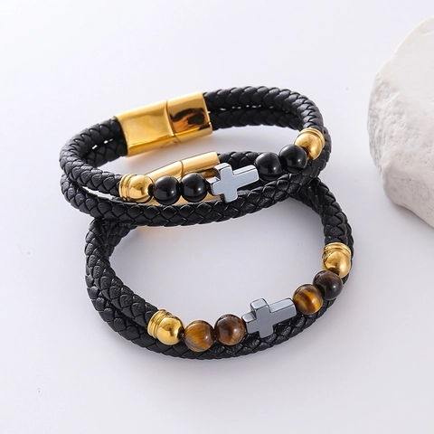 Pulsera De Cuero Trenzado Para Hombre Con Colgante De Cruz De Acero Inoxidable 304 Y Cuentas De Ojo De Tigre