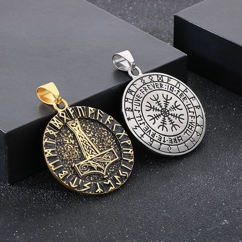 Thor's Hammer Pendant Necklace Stainless Steel Viking Runes Compass Double Sided Nordic Mythology Punk Jewelry For Men