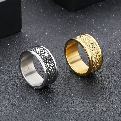 Vintage Woven Texture Men Ring 316L Stainless Steel Wide Band Retro Punk Hip Hop Trendy Individual Finger Jewelry