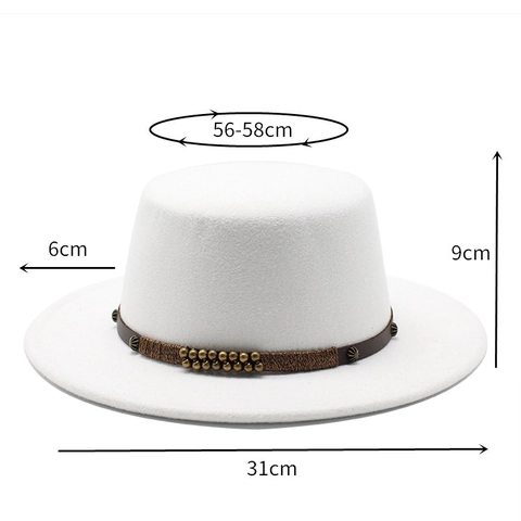 Flat Top Boater Hat Felt Wide Brim Fedora With Leather Rivet Band Retro British Style For Men Women Solid Color