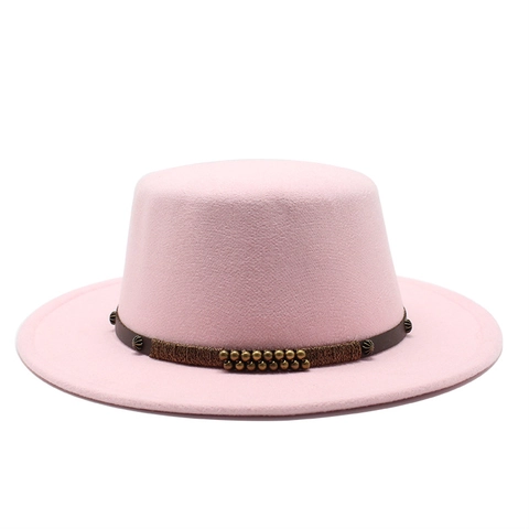Flat Top Boater Hat Felt Wide Brim Fedora With Leather Rivet Band Retro British Style For Men Women Solid Color