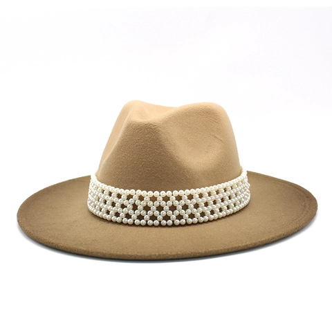 Eleganter Fedora Hut Wollfilz Breite Krempe Künstliche Perlenband Farbverlauf Patchwork Jazz Hut Für Damen Herren Mode Reise Party