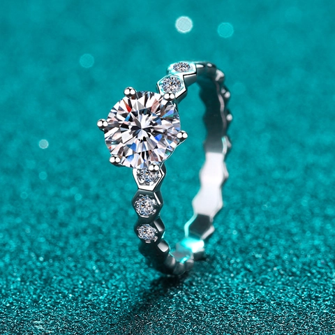 Anello in Argento Sterling 925 Moissanite Zirconia per Donna Classico Alveare Sei Griffe Esagonale Matrimonio Fidanzamento Gioielli