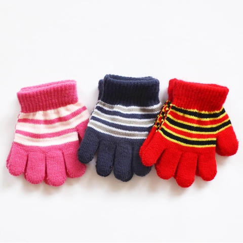 Kids Knitted Gloves Acrylic Fleece Lined Warm Thermal Winter Outdoor Striped Full Finger For Toddler Boys Girls