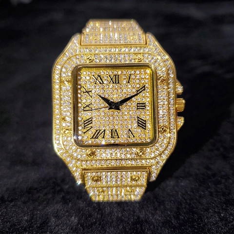 Montre Homme Luxe Quartz Entièrement Sertie De Strass Cadran Carré Chiffres Romains Style Hip Hop Alliage