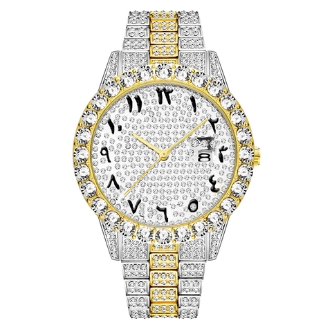 Orologio Da Uomo Al Quarzo Con Strass Iced Out Acciaio Inossidabile Numeri Arabi Data Lusso Hip Hop Moda Impermeabile