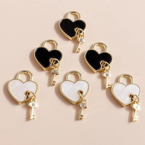 Heart Lock And Key Charms Alloy Enamel Rhinestone Drip Oil For DIY Jewelry Making Necklace Bracelet Pendants Sweet Style