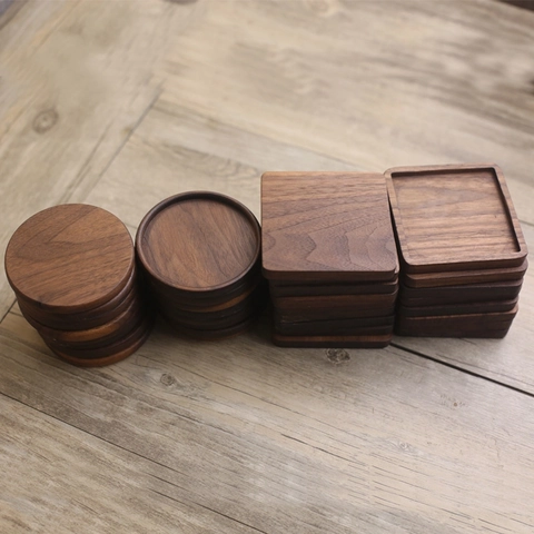 Solid Wood Coasters Beech Black Walnut Ebony Heat Resistant Cup Mats Round Square Grooved For Coffee Tea Mug
