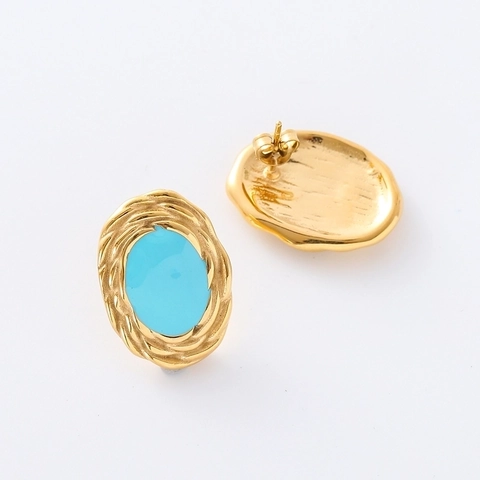 Vintage Oval Stud Earrings 18K Gold Plated 304 Stainless Steel Blue Enamel Wrinkled Texture French Style Jewelry For Women