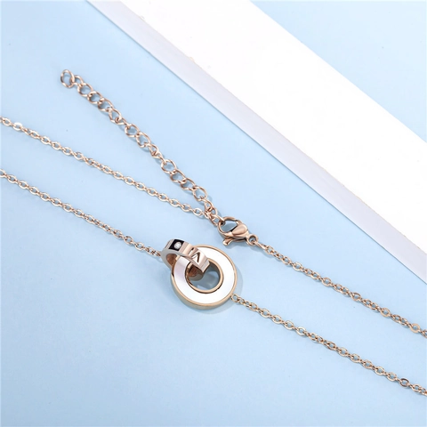 Titanium Steel Double Ring Roman Numeral Necklace With Shell Inlay Rhinestone Rose Gold Plated Fashion Jewelry For Women