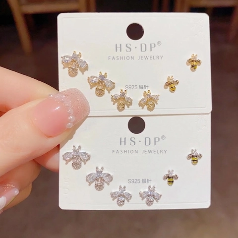 Bee Stud Earrings With 925 Sterling Silver Earring Post Zircon Enamel Animal Dainty Fashion Jewelry For Women